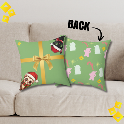 Christmas Pillow Cover - Green Gift Box Design with Ferret & Black Cat - Double-Sided Festive Throw Pillow