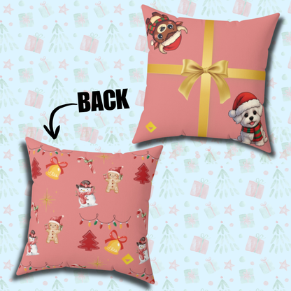 Christmas Pillow Cover - Coral Gift Box Design with Dog & Bison - Double-Sided Faux Suede Festive Throw Pillow