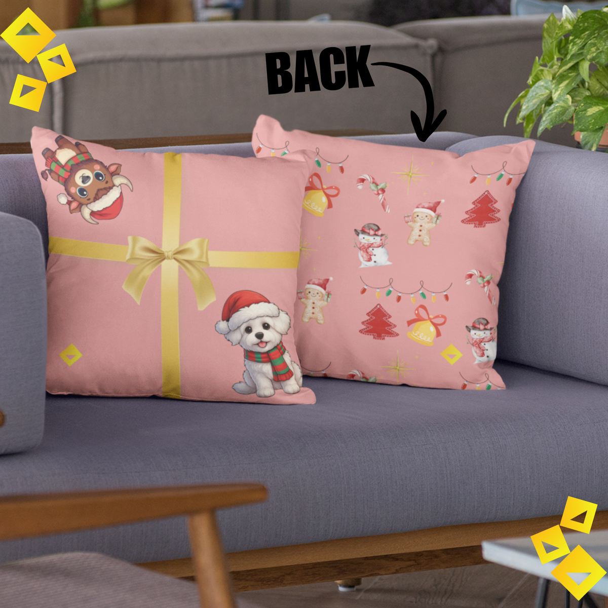Christmas Pillow Cover - Coral Gift Box Design with Dog & Bison - Double-Sided Faux Suede Festive Throw Pillow