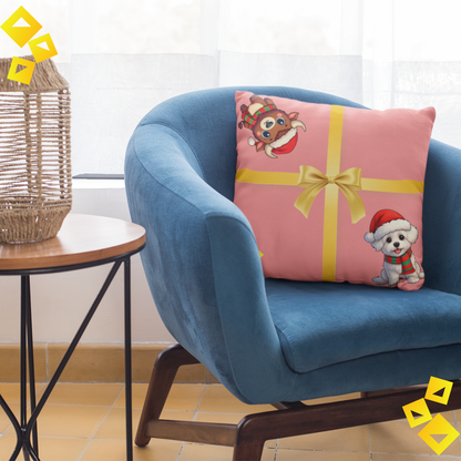 Christmas Pillow Cover - Coral Gift Box Design with Dog & Bison - Double-Sided Faux Suede Festive Throw Pillow