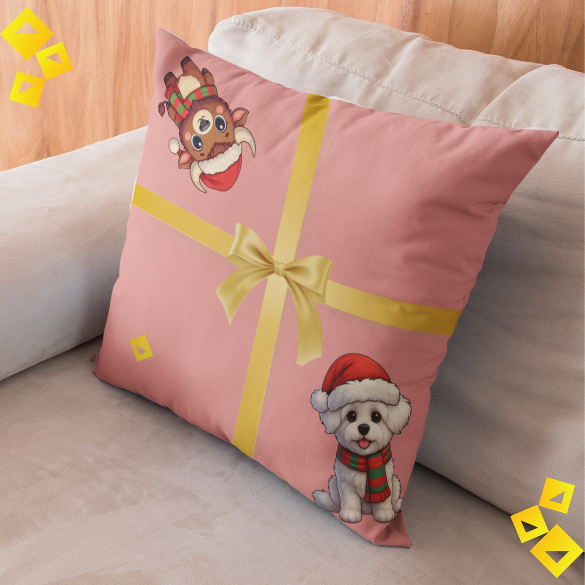 Christmas Pillow Cover - Coral Gift Box Design with Dog & Bison - Double-Sided Faux Suede Festive Throw Pillow