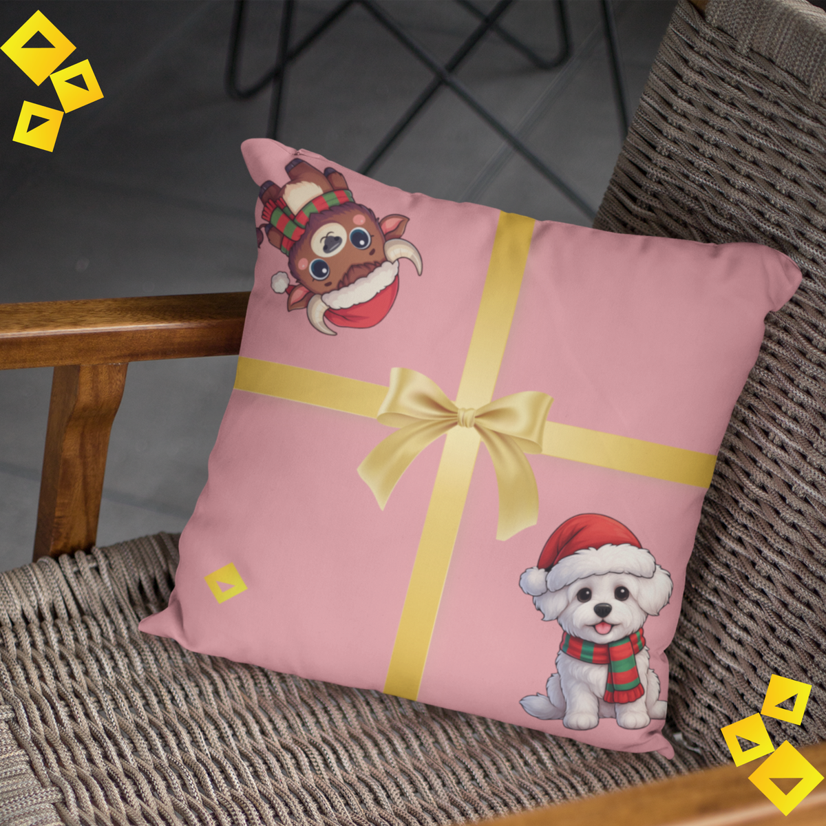 Christmas Pillow Cover - Coral Gift Box Design with Dog & Bison - Double-Sided Faux Suede Festive Throw Pillow