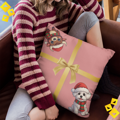 Christmas Pillow Cover - Coral Gift Box Design with Dog & Bison - Double-Sided Faux Suede Festive Throw Pillow