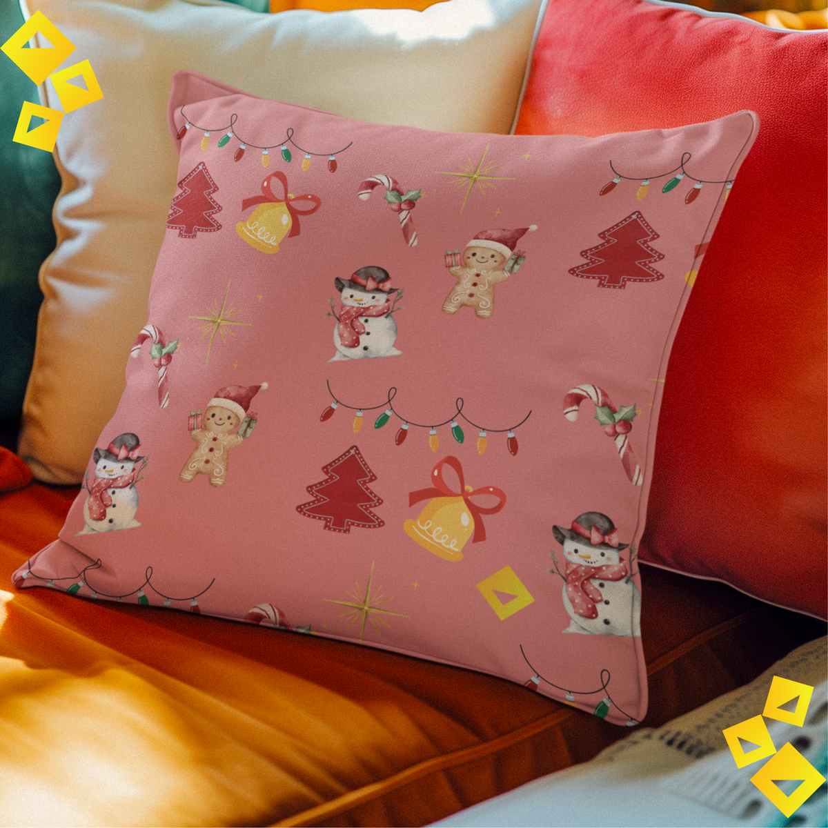Christmas Pillow Cover - Coral Gift Box Design with Dog & Bison - Double-Sided Faux Suede Festive Throw Pillow