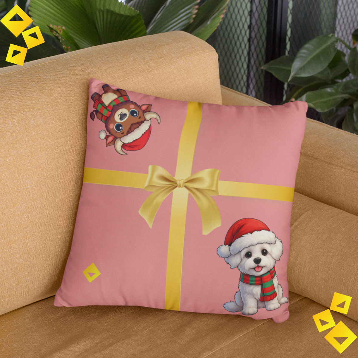 Christmas Pillow Cover - Coral Gift Box Design with Dog & Bison - Double-Sided Faux Suede Festive Throw Pillow
