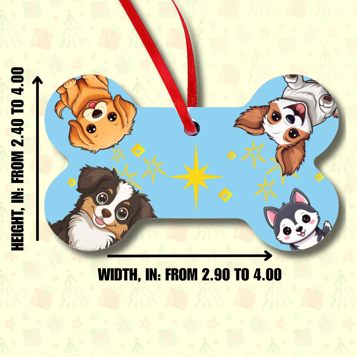 Dog Bone Christmas Ornament - Four Cute Dogs Around Glowing Star - Blue Aluminum Holiday Pet Ornament