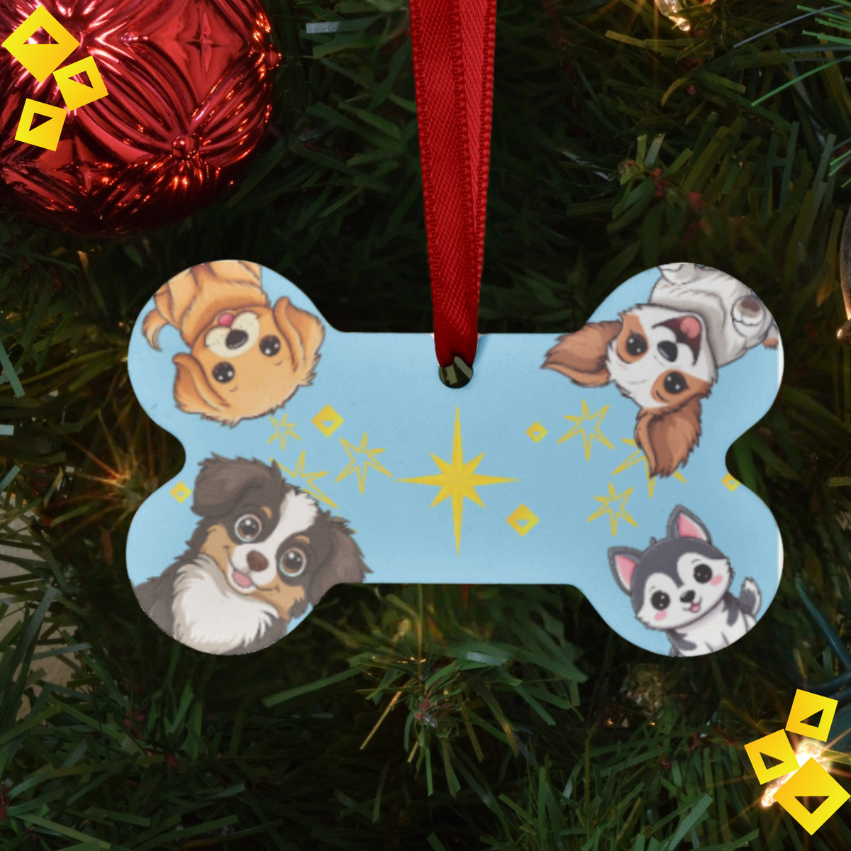 Dog Bone Christmas Ornament - Four Cute Dogs Around Glowing Star - Blue Aluminum Holiday Pet Ornament
