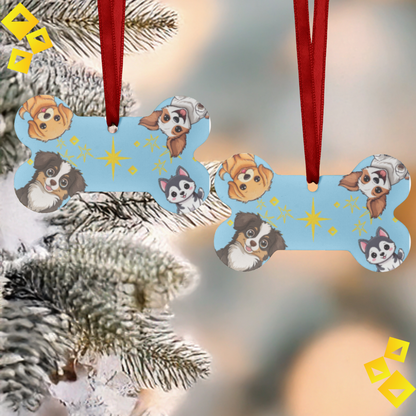 Dog Bone Christmas Ornament - Four Cute Dogs Around Glowing Star - Blue Aluminum Holiday Pet Ornament