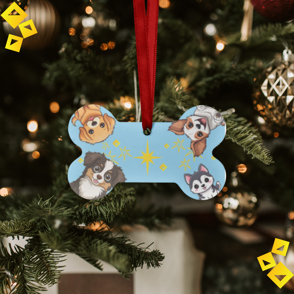 Dog Bone Christmas Ornament - Four Cute Dogs Around Glowing Star - Blue Aluminum Holiday Pet Ornament