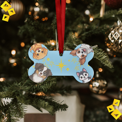 Dog Bone Christmas Ornament - Four Cute Dogs Around Glowing Star - Blue Aluminum Holiday Pet Ornament