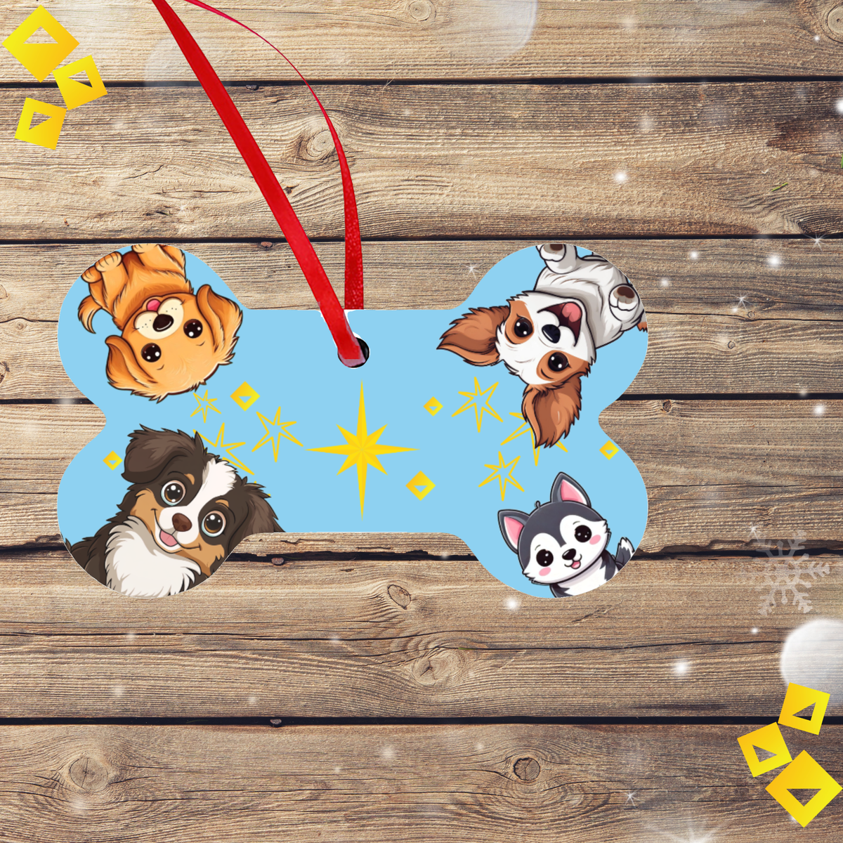 Dog Bone Christmas Ornament - Four Cute Dogs Around Glowing Star - Blue Aluminum Holiday Pet Ornament