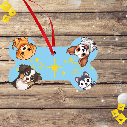 Dog Bone Christmas Ornament - Four Cute Dogs Around Glowing Star - Blue Aluminum Holiday Pet Ornament