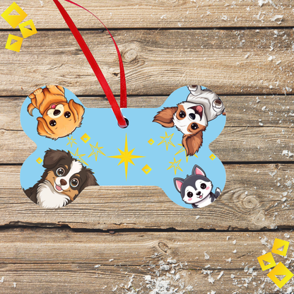 Dog Bone Christmas Ornament - Four Cute Dogs Around Glowing Star - Blue Aluminum Holiday Pet Ornament