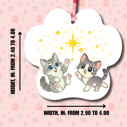 Paw-Shaped Christmas Ornament with Two Playful Cats and Star - Aluminum Pet Ornament for Cat Lovers
