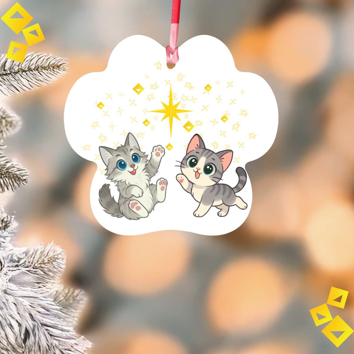 Paw-Shaped Christmas Ornament with Two Playful Cats and Star - Aluminum Pet Ornament for Cat Lovers