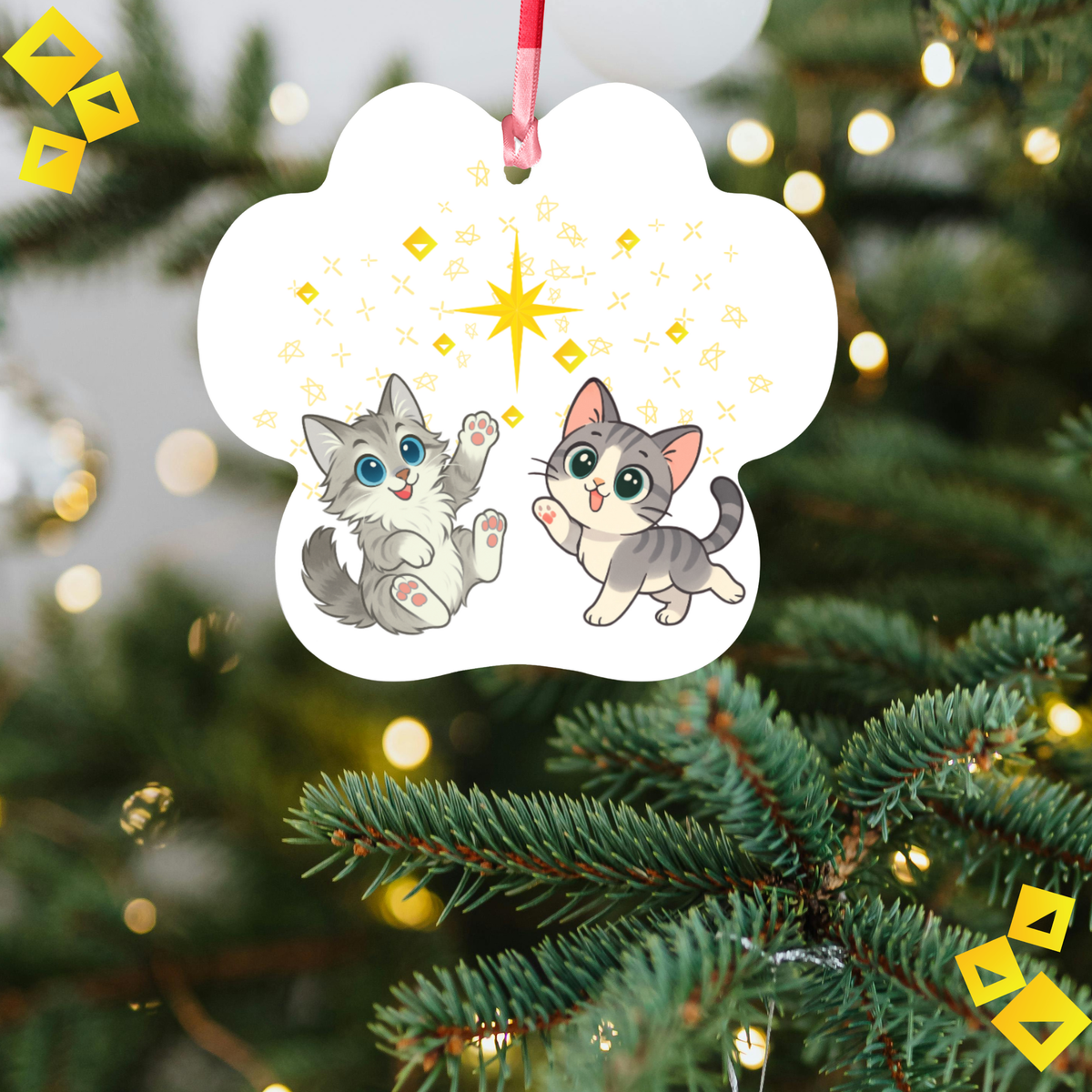 Paw-Shaped Christmas Ornament with Two Playful Cats and Star - Aluminum Pet Ornament for Cat Lovers