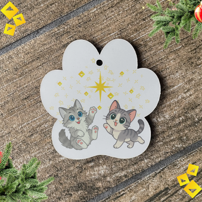 Paw-Shaped Christmas Ornament with Two Playful Cats and Star - Aluminum Pet Ornament for Cat Lovers