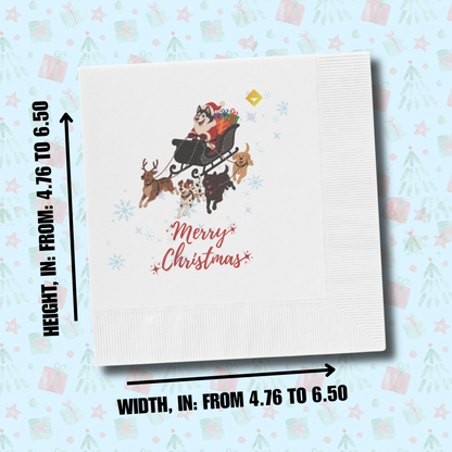 Christmas Dog Sleigh Napkins - Husky Santa with Reindeer Dogs, White Holiday Party Napkins
