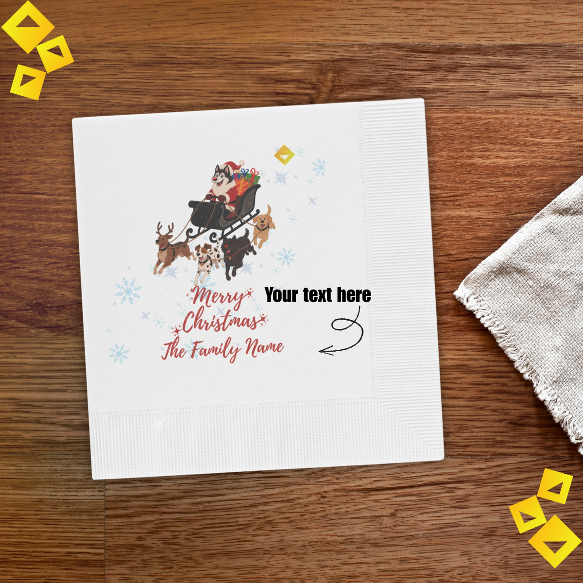 Christmas Dog Sleigh Napkins - Husky Santa with Reindeer Dogs, White Holiday Party Napkins