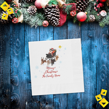 Christmas Dog Sleigh Napkins - Husky Santa with Reindeer Dogs, White Holiday Party Napkins