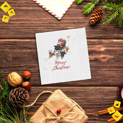 Christmas Dog Sleigh Napkins - Husky Santa with Reindeer Dogs, White Holiday Party Napkins