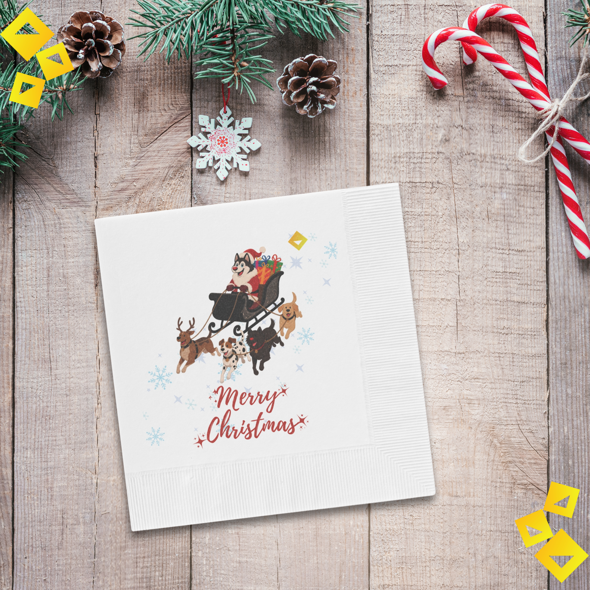 Christmas Dog Sleigh Napkins - Husky Santa with Reindeer Dogs, White Holiday Party Napkins