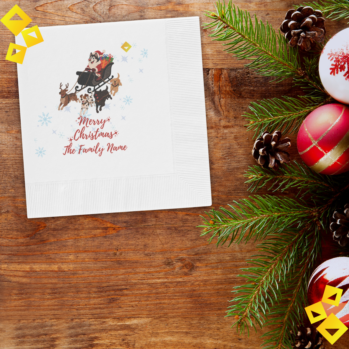 Christmas Dog Sleigh Napkins - Husky Santa with Reindeer Dogs, White Holiday Party Napkins