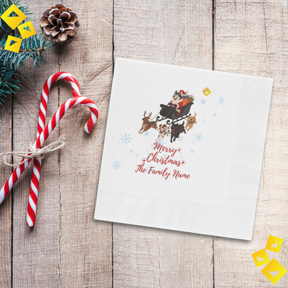 Christmas Dog Sleigh Napkins - Husky Santa with Reindeer Dogs, White Holiday Party Napkins