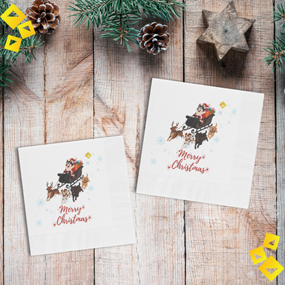 Christmas Dog Sleigh Napkins - Husky Santa with Reindeer Dogs, White Holiday Party Napkins