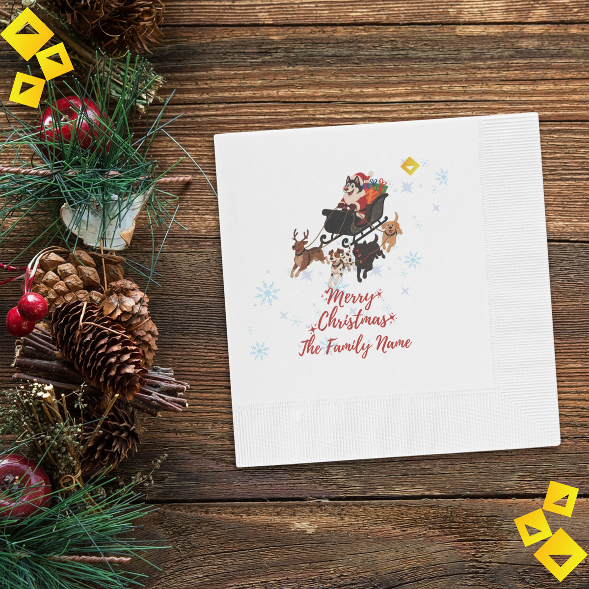 Christmas Dog Sleigh Napkins - Husky Santa with Reindeer Dogs, White Holiday Party Napkins