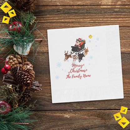 Christmas Dog Sleigh Napkins - Husky Santa with Reindeer Dogs, White Holiday Party Napkins