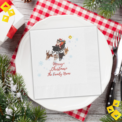 Christmas Dog Sleigh Napkins - Husky Santa with Reindeer Dogs, White Holiday Party Napkins