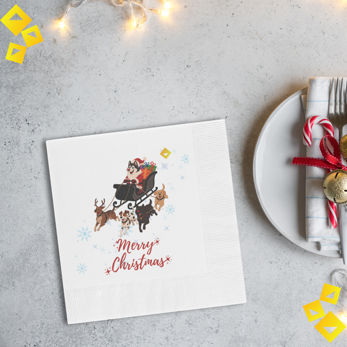 Christmas Dog Sleigh Napkins - Husky Santa with Reindeer Dogs, White Holiday Party Napkins