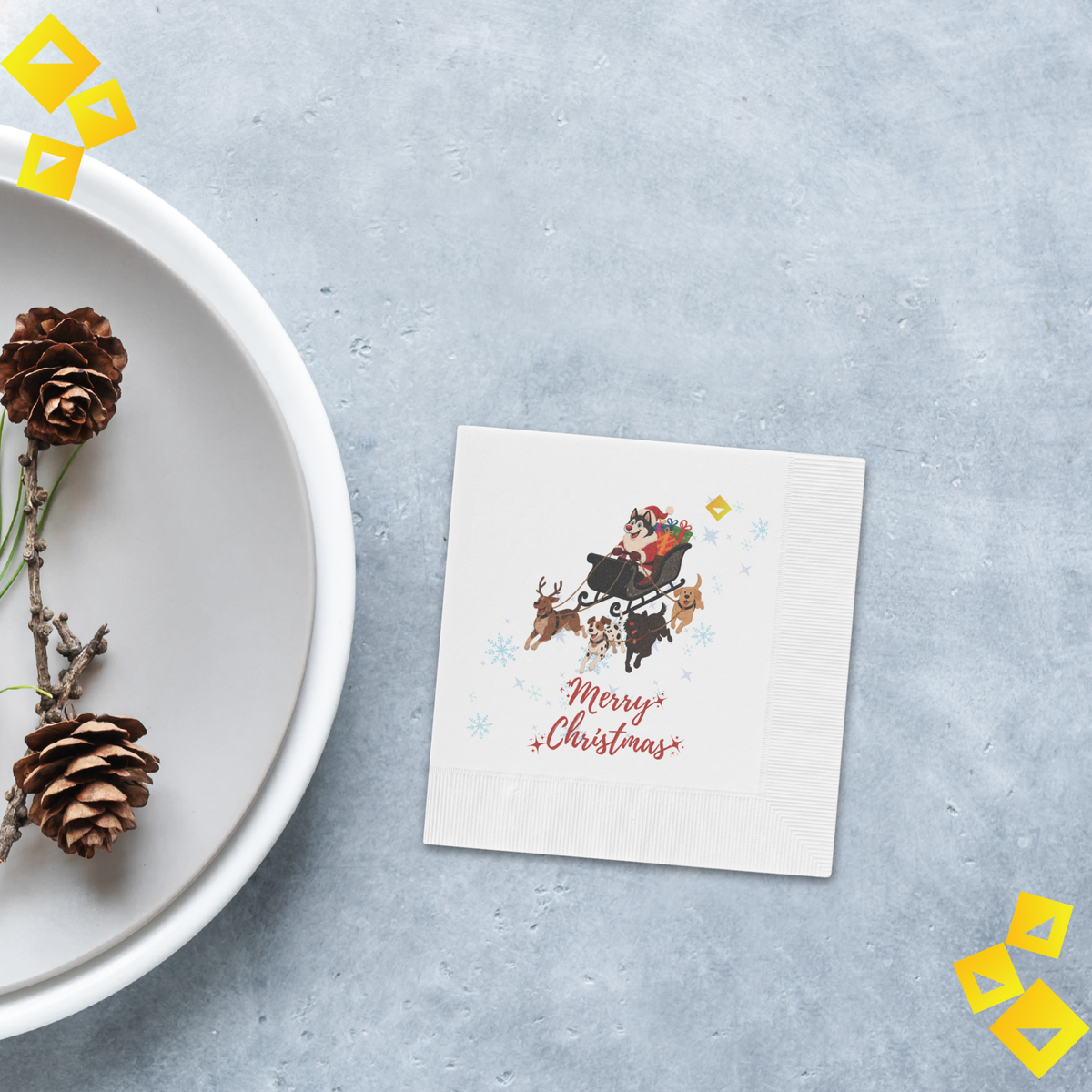 Christmas Dog Sleigh Napkins - Husky Santa with Reindeer Dogs, White Holiday Party Napkins
