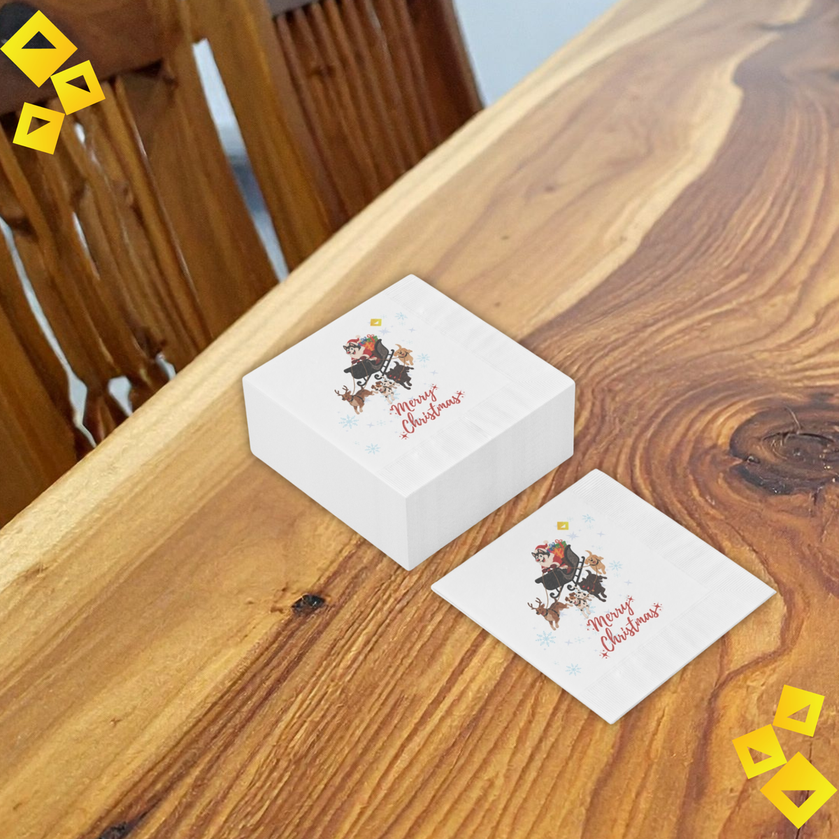 Christmas Dog Sleigh Napkins - Husky Santa with Reindeer Dogs, White Holiday Party Napkins