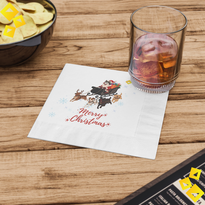Christmas Dog Sleigh Napkins - Husky Santa with Reindeer Dogs, White Holiday Party Napkins