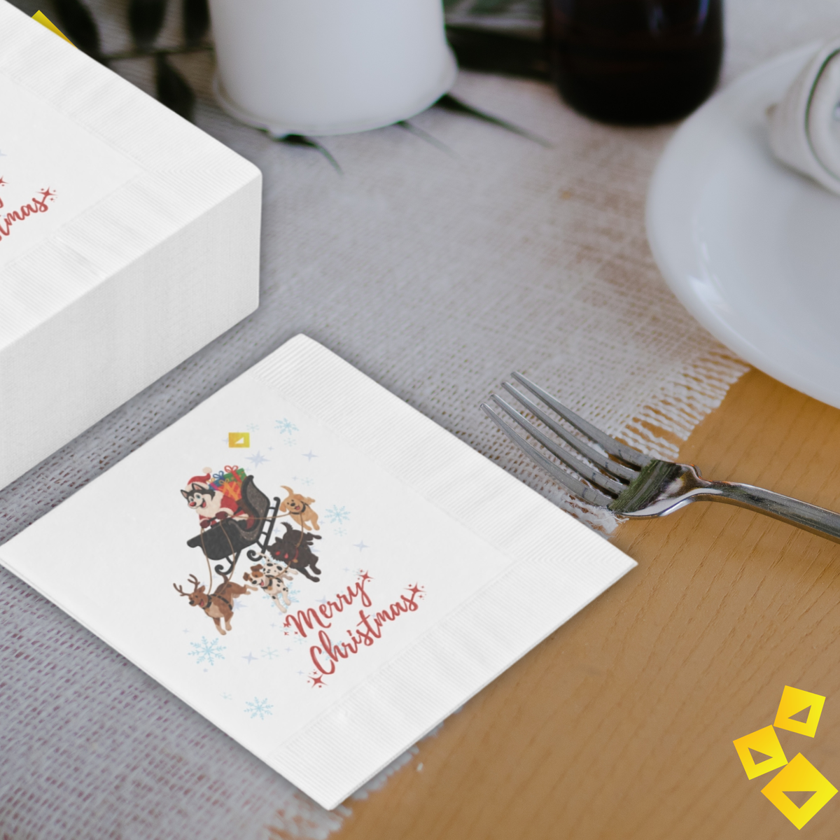 Christmas Dog Sleigh Napkins - Husky Santa with Reindeer Dogs, White Holiday Party Napkins