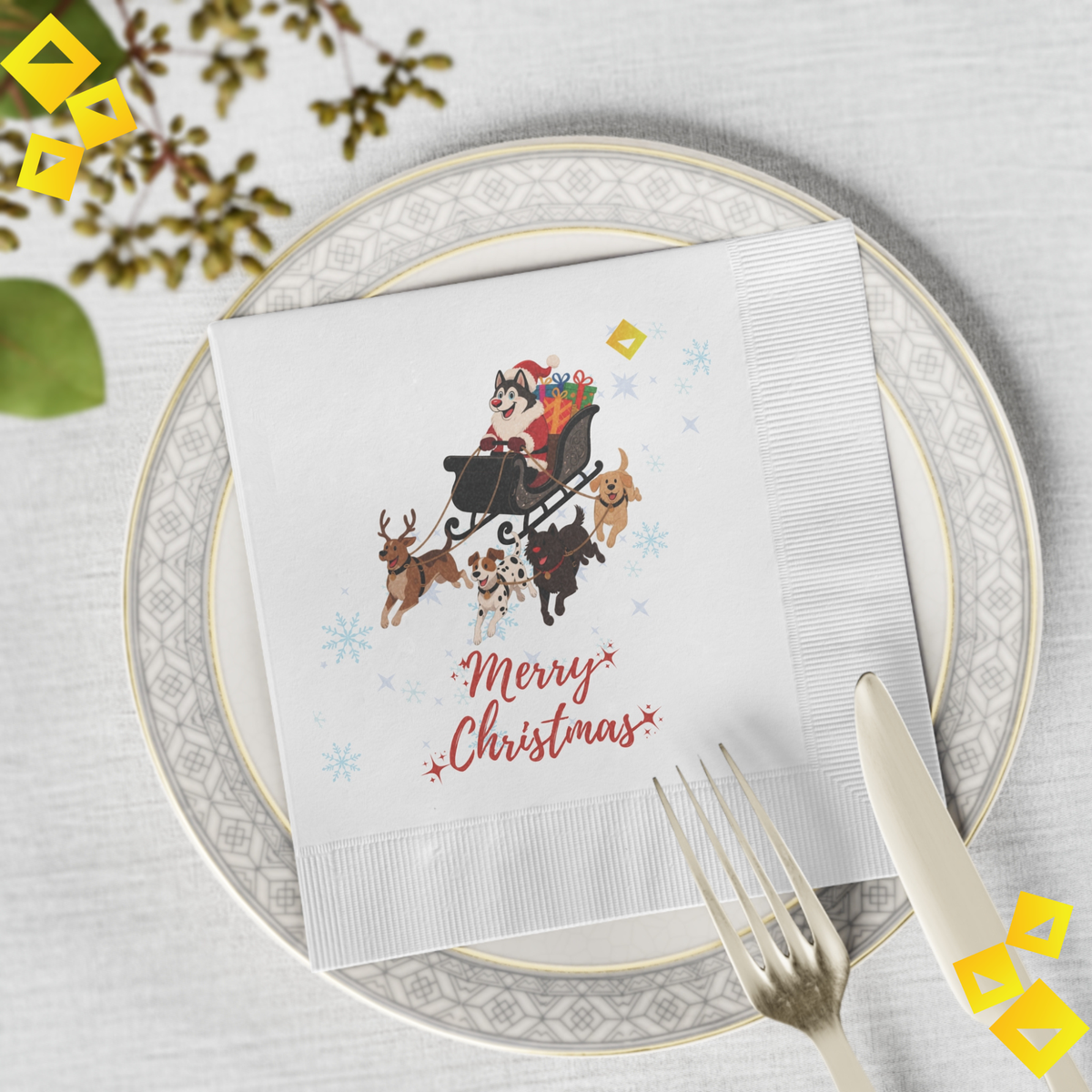 Christmas Dog Sleigh Napkins - Husky Santa with Reindeer Dogs, White Holiday Party Napkins