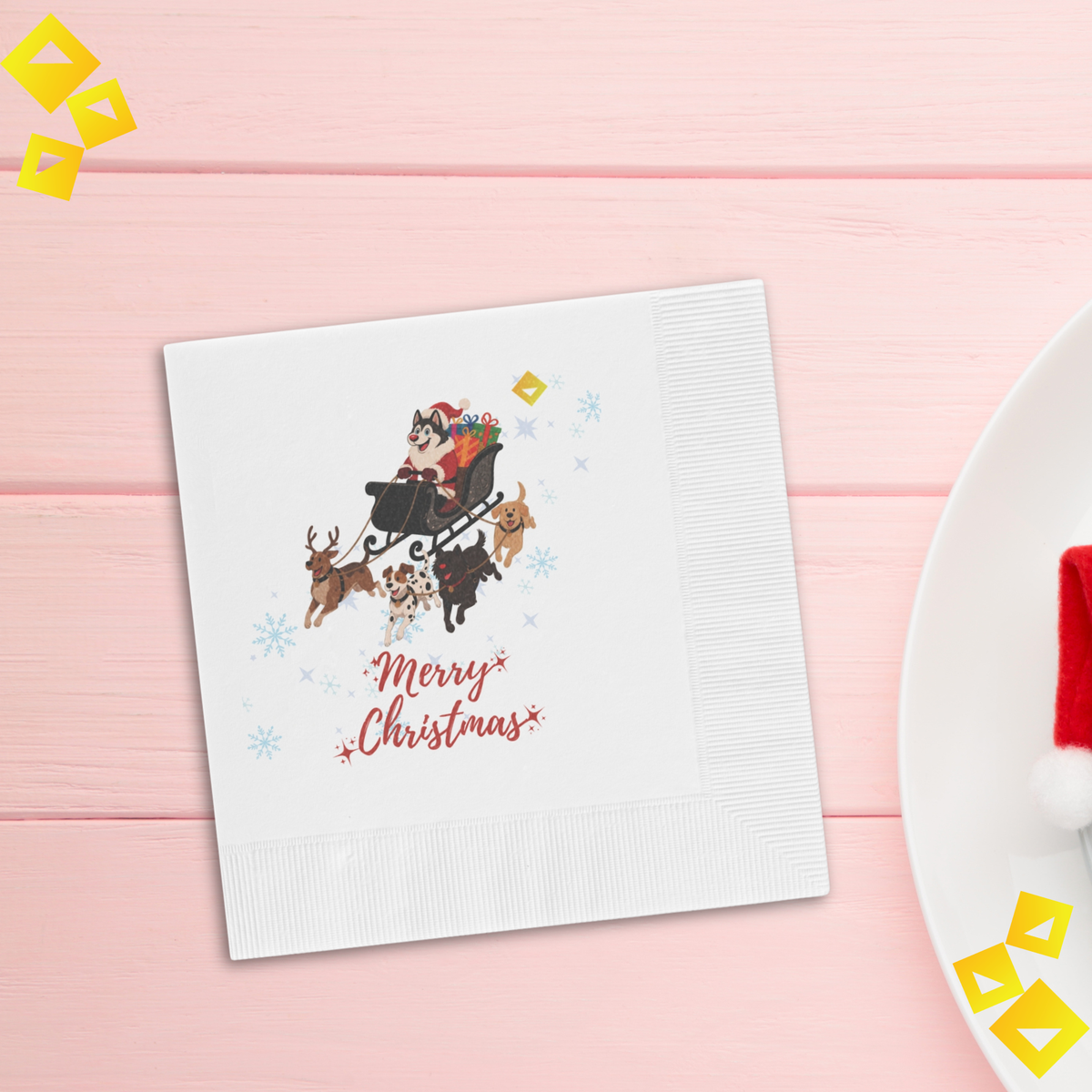 Christmas Dog Sleigh Napkins - Husky Santa with Reindeer Dogs, White Holiday Party Napkins
