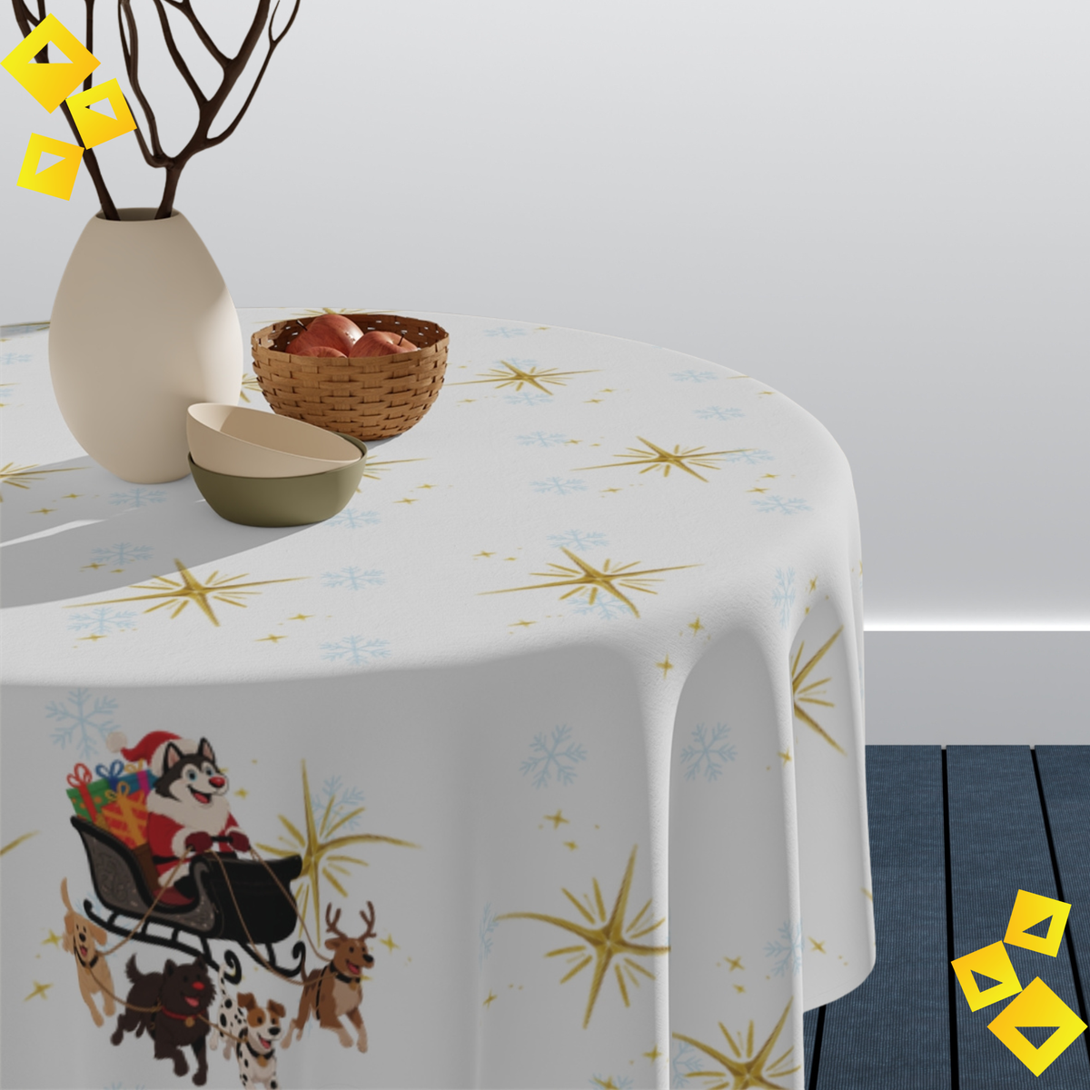 Christmas Dog Sleigh Tablecloth - Festive Holiday Table Decor with Husky Santa and Gift Sleigh