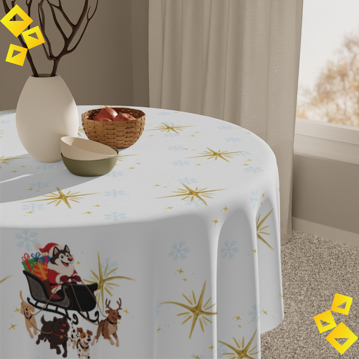 Christmas Dog Sleigh Tablecloth - Festive Holiday Table Decor with Husky Santa and Gift Sleigh