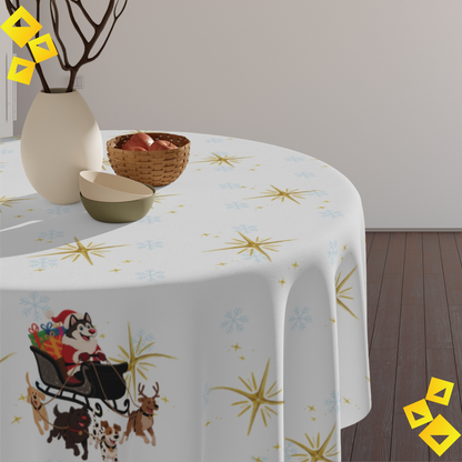 Christmas Dog Sleigh Tablecloth - Festive Holiday Table Decor with Husky Santa and Gift Sleigh