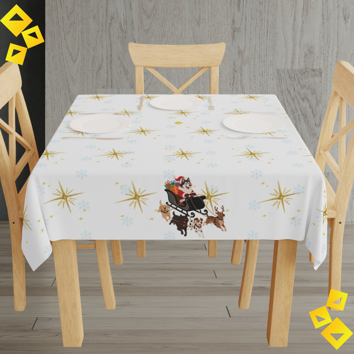 Christmas Dog Sleigh Tablecloth - Festive Holiday Table Decor with Husky Santa and Gift Sleigh