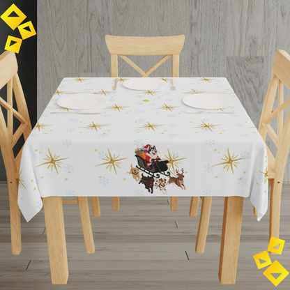 Christmas Dog Sleigh Tablecloth - Festive Holiday Table Decor with Husky Santa and Gift Sleigh
