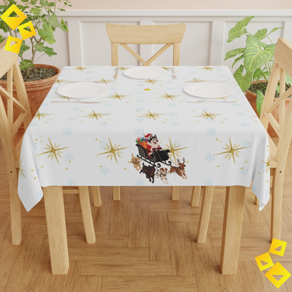 Christmas Dog Sleigh Tablecloth - Festive Holiday Table Decor with Husky Santa and Gift Sleigh