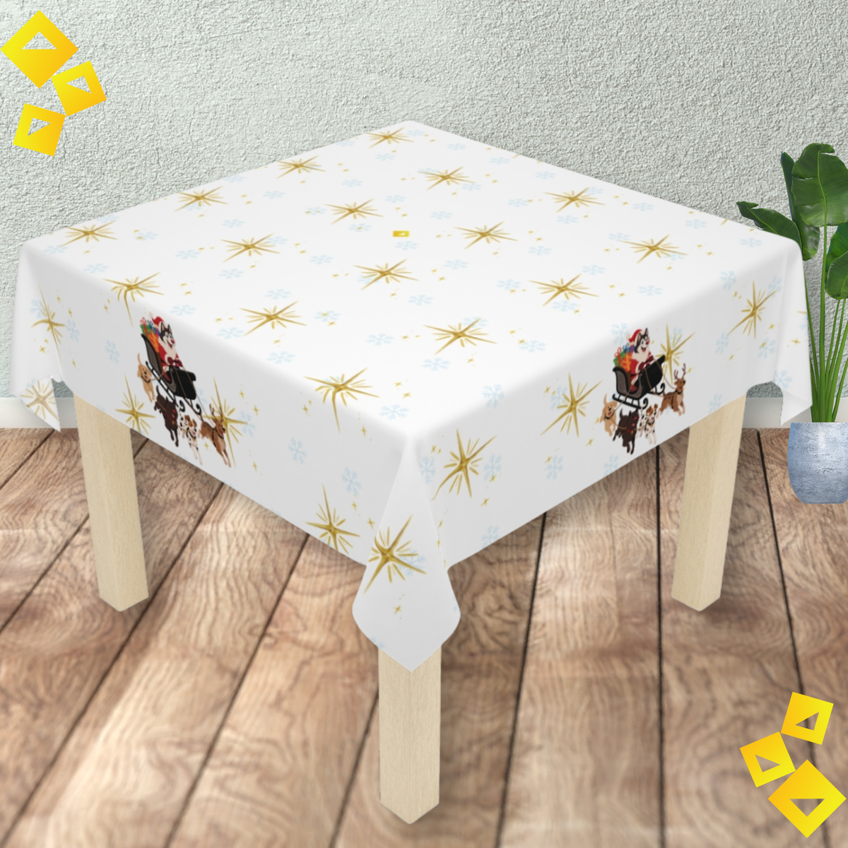 Christmas Dog Sleigh Tablecloth - Festive Holiday Table Decor with Husky Santa and Gift Sleigh