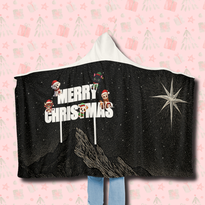 Merry Christmas Hooded Blanket - Cozy Holiday Snuggle Blanket with Cute Festive Animals under Starry Night