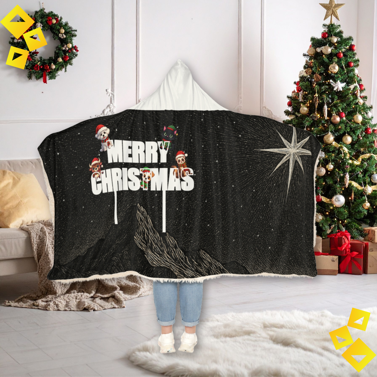 Merry Christmas Hooded Blanket - Cozy Holiday Snuggle Blanket with Cute Festive Animals under Starry Night