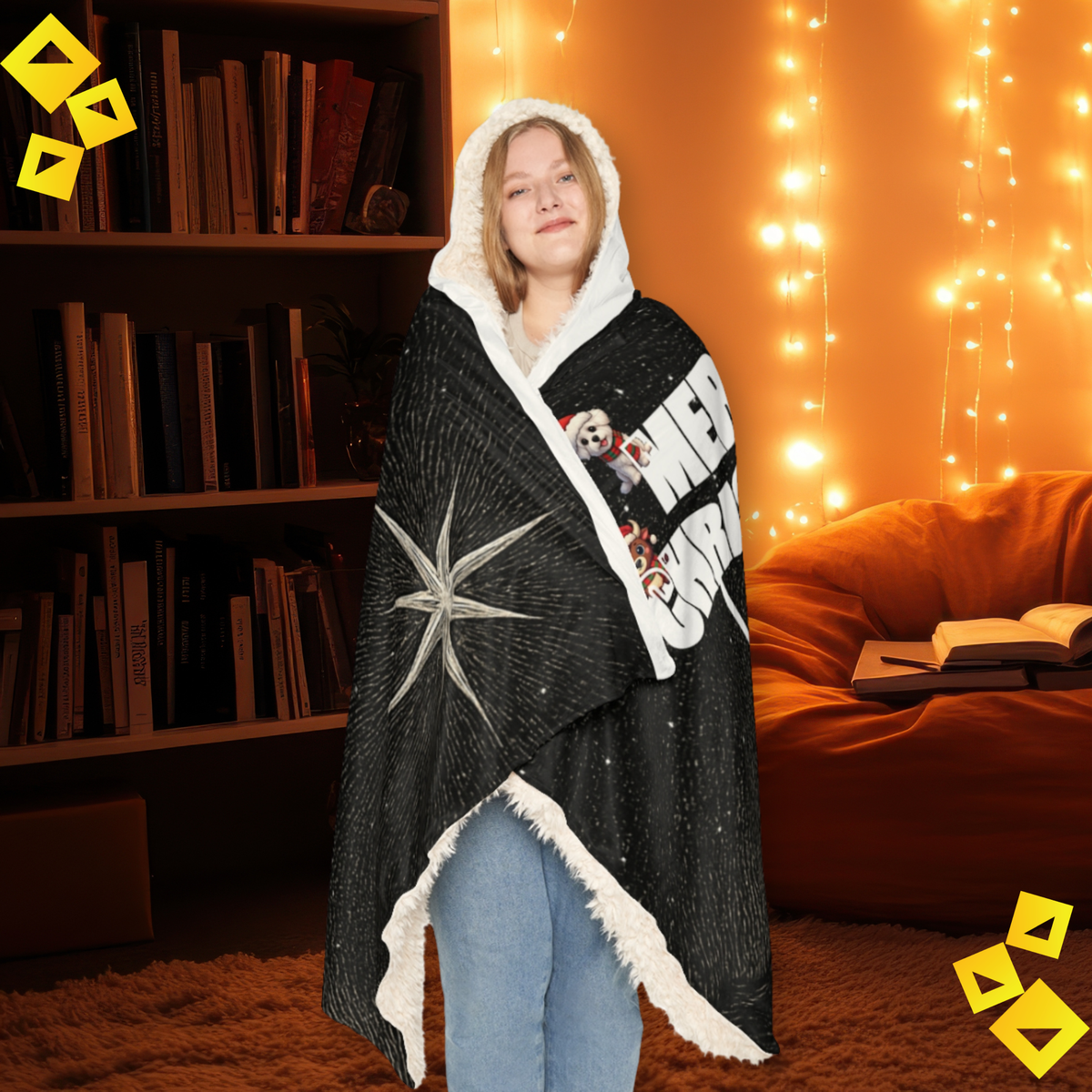 Merry Christmas Hooded Blanket - Cozy Holiday Snuggle Blanket with Cute Festive Animals under Starry Night