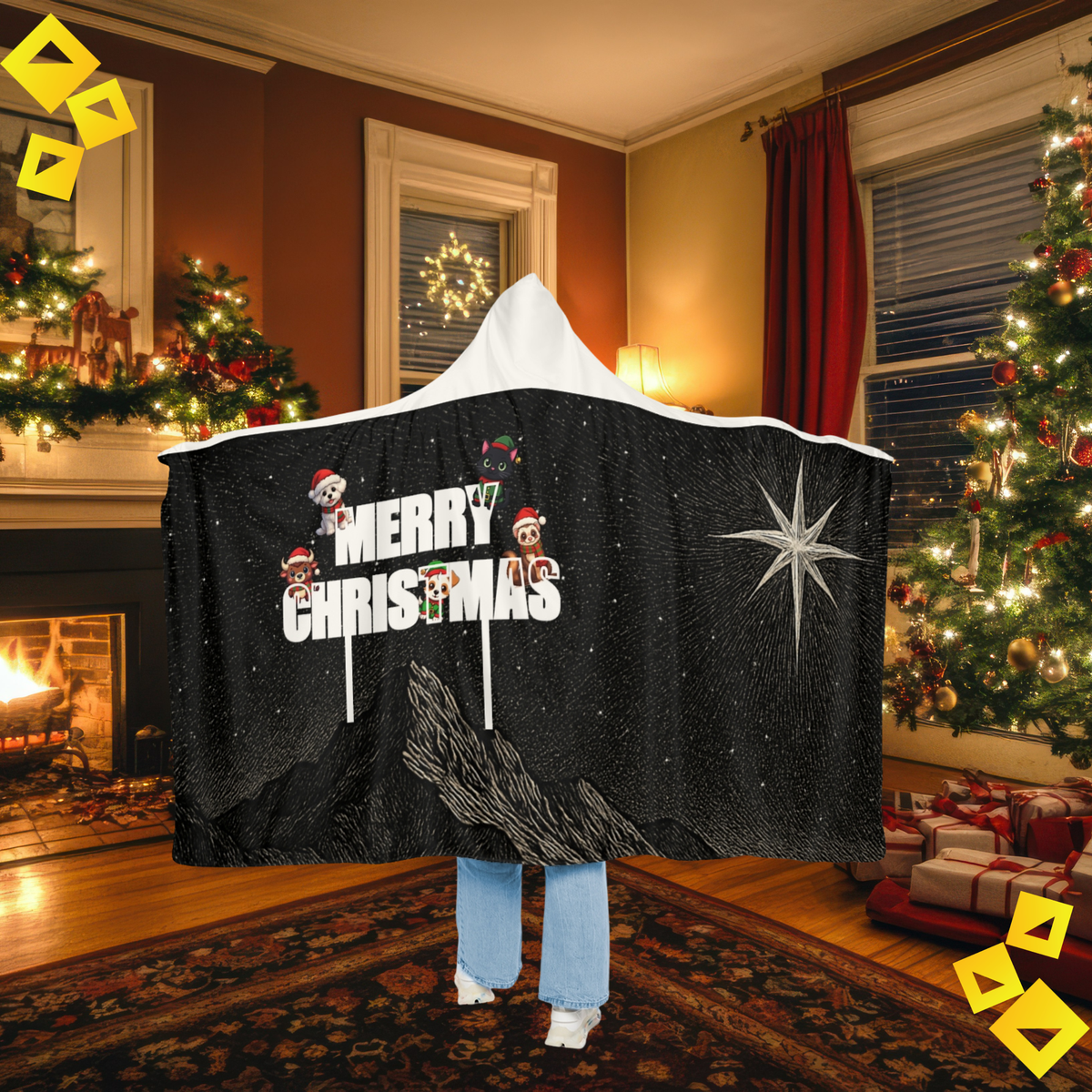 Merry Christmas Hooded Blanket - Cozy Holiday Snuggle Blanket with Cute Festive Animals under Starry Night